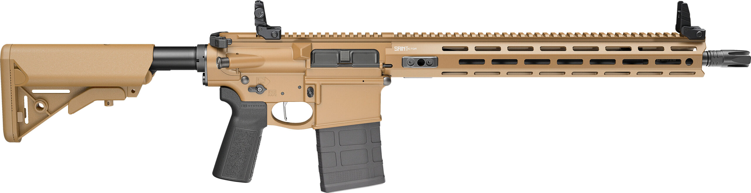 Springfield Armory SAINT Victor V2 .308 Win 16-inch semi-automatic rifle in Coyote finish with flip-up sights