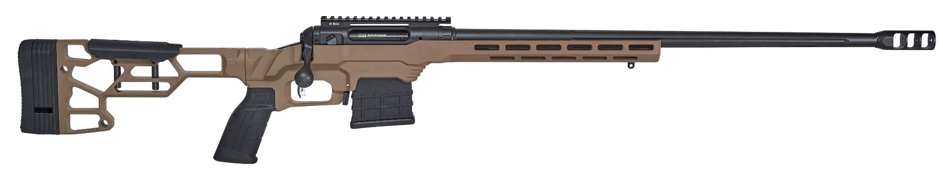 Savage 110 Precision bolt action rifle in .300 Winchester Magnum with 24-inch matte black threaded barrel and black chassis stock
