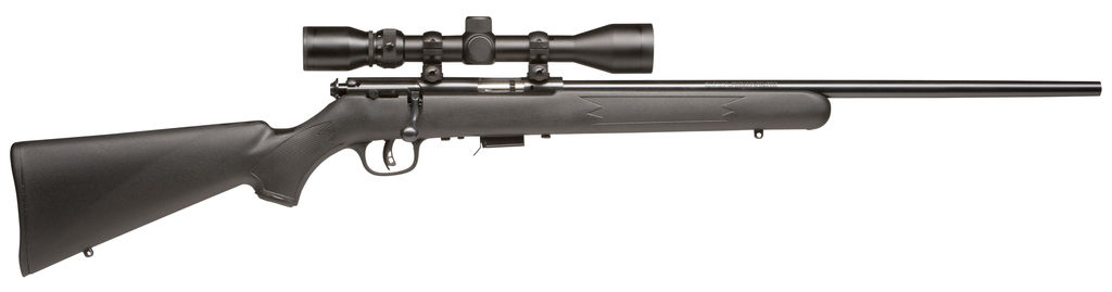 Savage 93R17 FXP bolt-action rifle in .17 HMR with mounted 3-9x40 scope and matte blued barrel