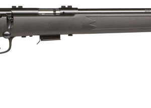 Savage 93R17-FV heavy barrel bolt action rifle with 21-inch blued barrel and black synthetic stock, right-side view