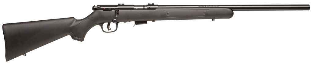 Savage 93R17-FV heavy barrel bolt action rifle with 21-inch blued barrel and black synthetic stock, right-side view