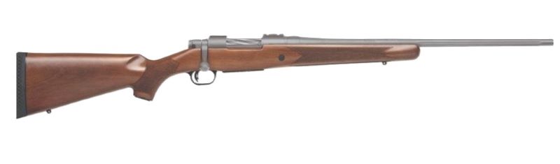 Mossberg Patriot .308 Winchester 22-inch bolt action rifle with Cerakote stainless barrel and walnut stock, right-side profile view